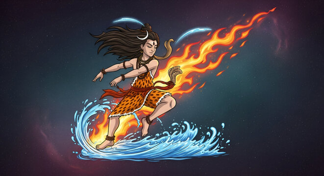 Cosmic dance energy of Lord Shiva controlling fire and water elements in powerful divine illustration symbolizing balance strength devotion for Maha Shivratri