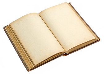 Open vintage book with blank yellowed or brown pages isolated on a transparent background.