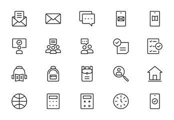 Academic Outline Icon Set &ndash; Education, Studying and Science Linear Icons Including Human Brain, Fields of Study, Graduation, School, University and Knowledge for Web, Mobile and Promotional Design
