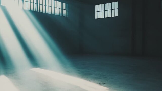 Sunlight beams piercing through high windows into a dark, dusty, and empty industrial warehouse, creating an atmospheric scene suggesting new beginnings and opportunity