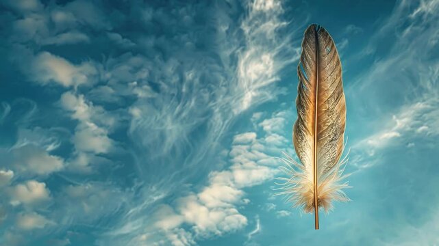 Video A feather floating through the air against a backdrop of fluffy white clouds