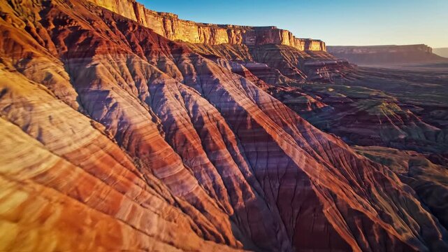 Sweeping cinematic movement across colorful geological stratification highlighting ancient earth layers and parallel linear abstract patterns cross section, formation, patterns