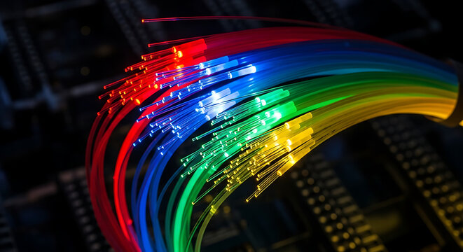 Fiber Optic Cables: Vibrant Light Transmission Technology for High-Speed Data, Internet, and Telecommunication Networks, 8K image 