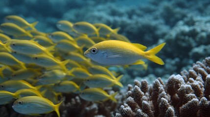 Obraz premium A school of vibrant yellow fish swims near a colorful coral reef in the clear blue ocean water showcasing marine life