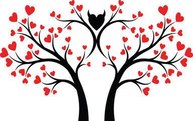 Obraz premium Black tree with red heart leaves and devil heart at hearts love