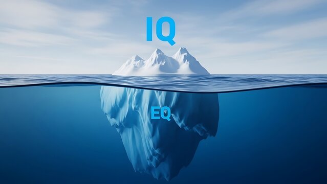 An iceberg with IQ above water and EQ below, symbolizing emotional intelligence and cognitive abilities. influencers content Creator concept