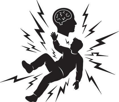 Black silhouette of a person falling with lightning bolts and a brain with lightning inside also transparent background