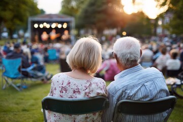 Naklejka premium Happy Senior Couple Listen Live Music Park Concert