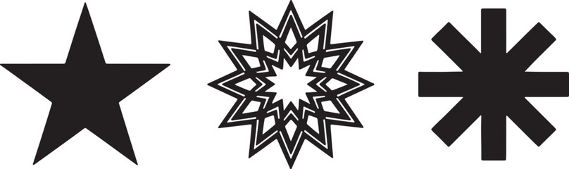Obraz premium Three black geometric star shapes on white background also transparent background