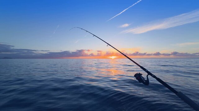 Offshore bottom fishing at sunset from boat with rod over calm sea