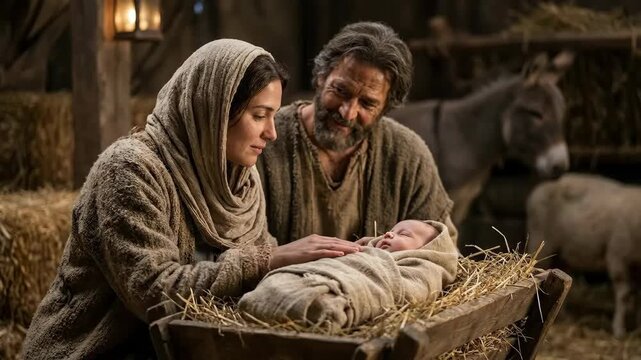 Woman and man in ancient attire caring for a baby in a manger, a biblical nativity scene for Christmas celebration