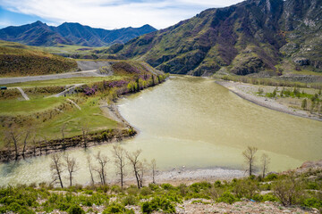 Confluence of Katun and Chuya rivers near Chuysky Trakt Altai Russia. Majestic meeting point of two Siberian mountain rivers