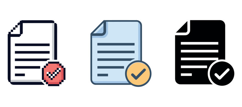 Set of document icons with check marks in pixel, colored, and solid styles