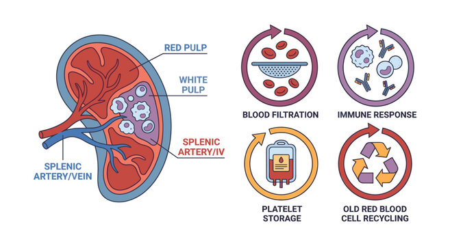 Spleen anatomy diagram showing organ functions infographic