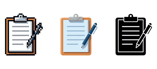 Three clipboard icons with pen in pixel, flat, and glyph styles