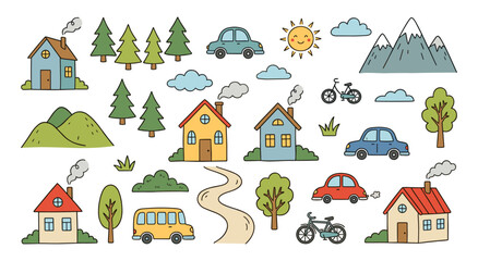 Obraz premium Cute doodle village town and nature elements