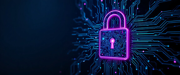 Cyber security theme futuristic security background in dark blue, purple, and green colors combination.