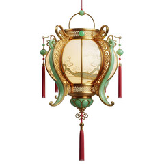 Elegant Traditional Chinese Paper Lantern with Intricate Gold and Green Ornamentation Hanging in Soft Light