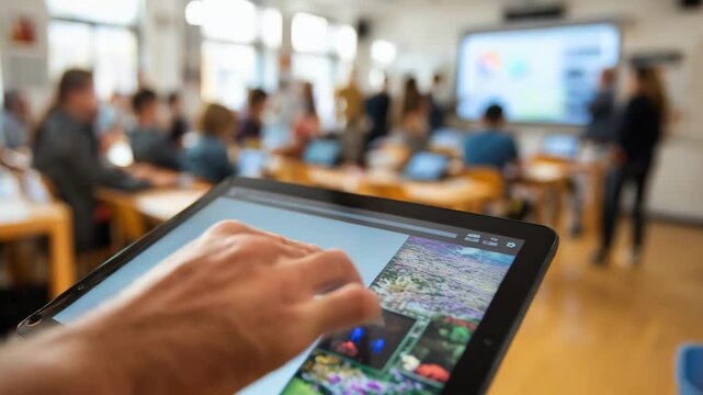 Teachers hand controlling a networked device via touchscreen panel with a softly blurred interactive board and classroom environment behind.