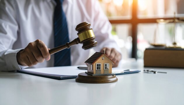 ⚖️ Legal Decision Scene with Gavel and House Model Symbolizing Real Estate Judgment or Auction