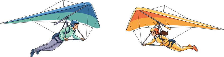 Hang gliding adventure, two people flying gliders, extreme aerial sport, colorful wings, outdoor recreation, freedom, adrenaline, sky activity, summer travel © Ali