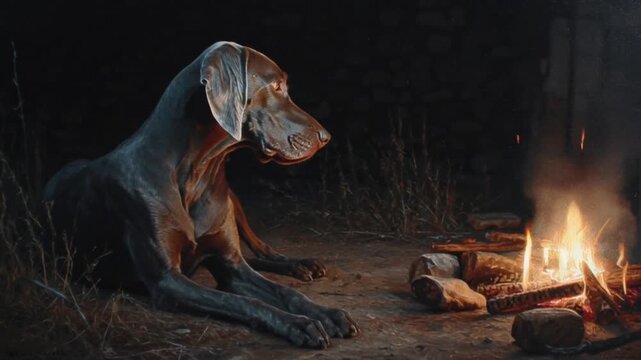 &bdquo;Der alte Jagdhund&ldquo; &ndash; Weimaraner am Feuer