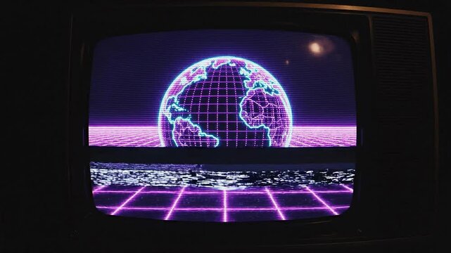 Retro synthwave Earth on a digital grid inside a vintage television