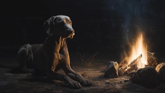 &bdquo;Der alte Jagdhund&ldquo; &ndash; Weimaraner am Feuer