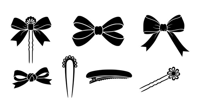 Elegant Silhouette Collection of Classic Hair Bows, Vintage Decorative Pins, and Minimalist Fashion Hair Clips.