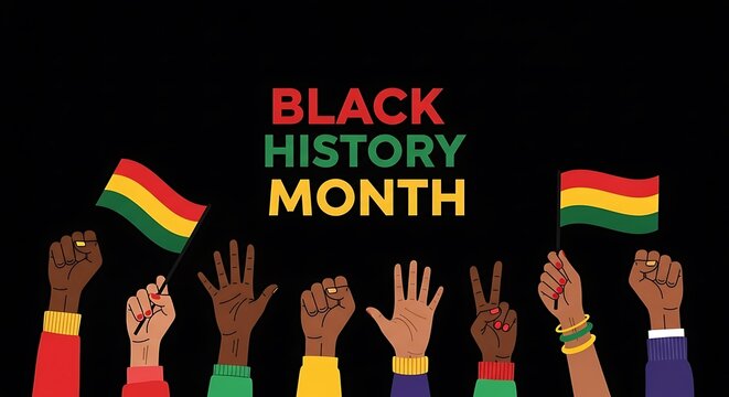 Diverse raised hands holding Pan African flags celebrate Black History Month with vibrant colors against a dark background