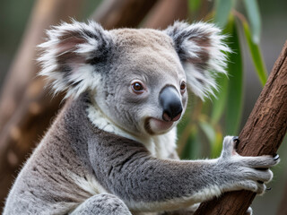 Obraz premium Cuddly koala bear climbing tree with fluffy ears and big brown eyes