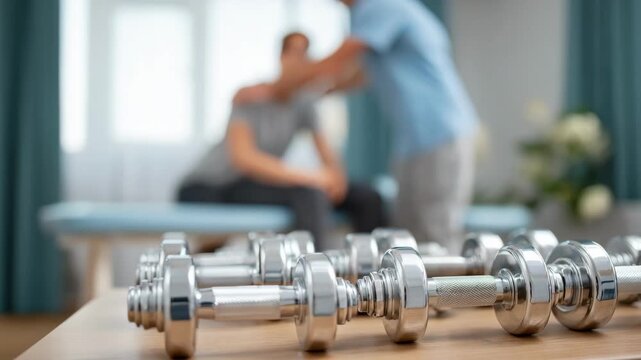 Medium view of a therapy room focused on a rack of hand weights for upper limb rehab weights in sharp focus with a blurred physiotherapist assisting a patient in the background.
