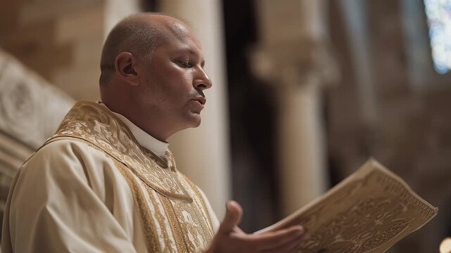 Catholic Priest Singing Sacred Music During Mass Inside Church