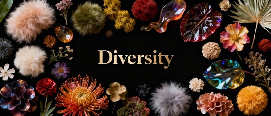 Colorful variety of flowers and plants arranged on black background with 'Diversity' sign in gold - wide banner  