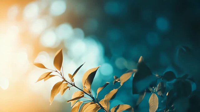Vibrant new green leaves on a branch soaking up warm golden sunlight, creating a soft, glowing background with natural bokeh elements against a cool, teal backdrop
