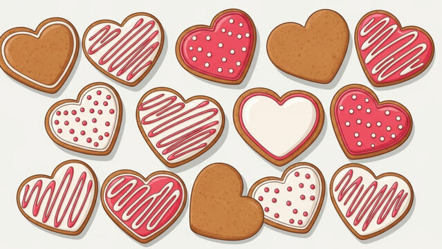 Collection of heart shaped gingerbread cookies decorated with icing for Valentines Day isolated on white background