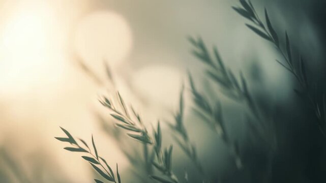 Olive tree branches with slender leaves reaching towards warm, diffused morning sunlight, creating a tranquil and natural backdrop with a gentle, out of focus bokeh effect