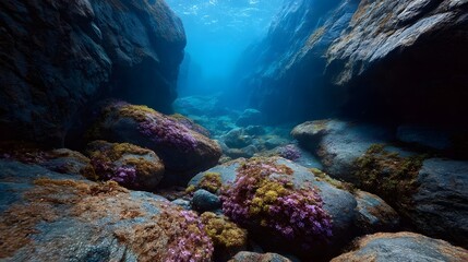 Obraz premium A dramatic underwater view of a marine canyon showcasing vibrant colorful algae thriving on textured rocks in the deep blue ocean