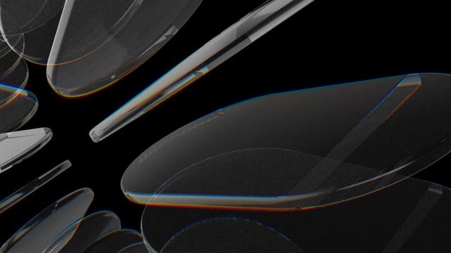 Abstract transparent glass shapes with iridescent light refraction on dark background. Loop animation