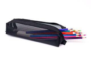 Colored pencils in a black pencil case on a white background