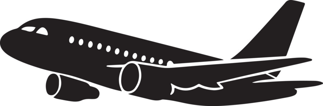 Airplane flying icon vector silhouette showing commercial passenger jet for travel and transportation.