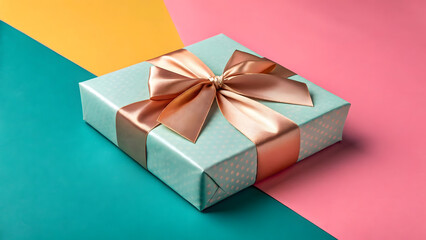 Obraz premium Beautifully wrapped light blue gift box with a golden ribbon bow on a vibrant multi-colored background