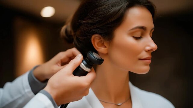 A close-up clinical moment shows a doctor holding an otoscope during an ear checkup, emphasizing precision diagnostics, patient care, and modern medical equipment. cinematic color correction,