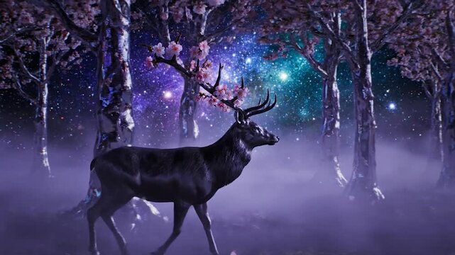 A majestic stag with blossoming antlers strides through a mystical forest under a vibrant starry night sky