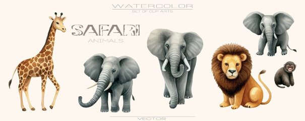 A soft watercolor vector set of African safari animals. Perfect for nursery designs, children's books, posters, and cozy jungle-themed illustrations in pastel tones © Анастасия Астанина