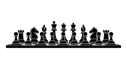 A complete row of black chess pieces arranged on a board presented as a striking dark silhouette high quality professional detailed