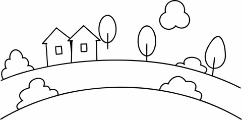 Simple line drawing of a house trees and rolling hills with clouds