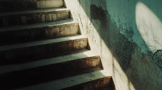 Abandoned concrete staircase with peeling paint and rough texture, sunlight casting dramatic shadows and lines that evoke decay, solitude and an uncertain path forward