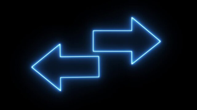 glowing neon blue arrows pointing in opposite directions against a black background.The design is often used to represent concepts like exchange, swapping, navigation, or reversing a process. 