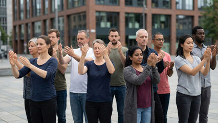 Diverse group of people meditating together in urban city plaza